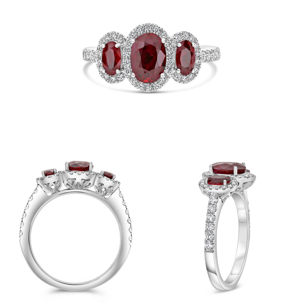 Platinum White Gold 1.83ctw Ruby 3 Stone Halo Ring