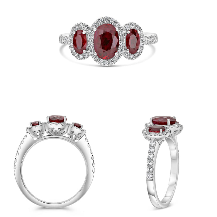 Platinum White Gold 1.83ctw Ruby 3 Stone Halo Ring