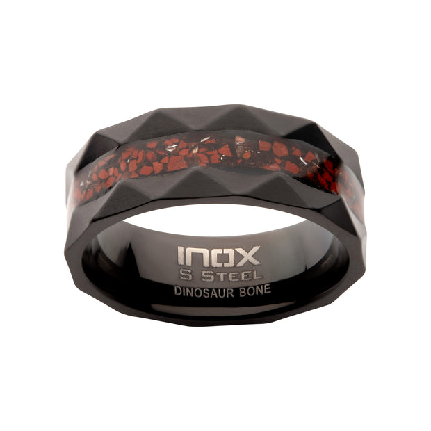 Black IP Steel Red Dinosaur Bone Inlay Comfort Fit Ring