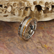 Matte Finish Black Dinosaur Bone, Meteorite & Whiskey Barrel Wood Inlay Comfort Fit Ring