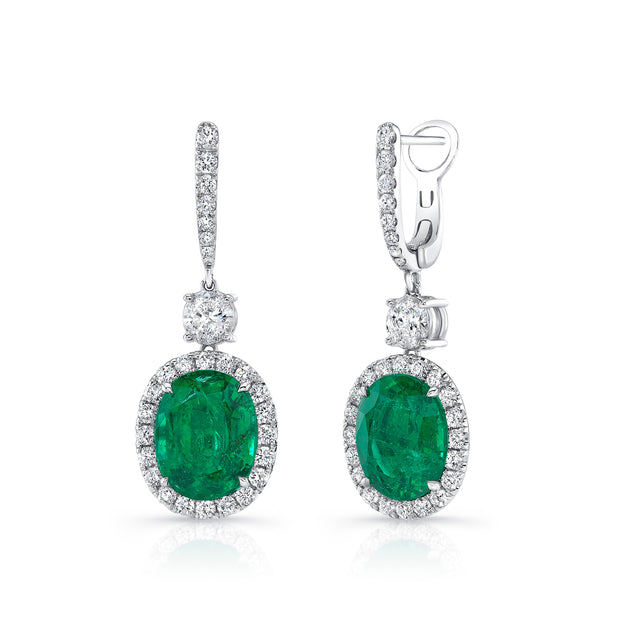 Uneek Precious Collection Halo Oval Shaped Emerald Dangle Earrings