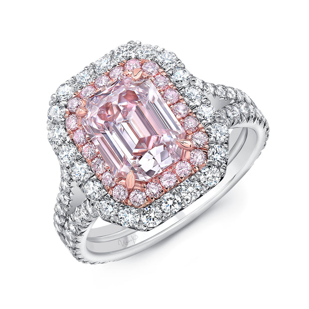 Uneek Emerald Cut Light Pink Diamond Engagement Ring VS2 GIA Certified with Pink Purple Diamonds and Round White Diamonds Side Stones