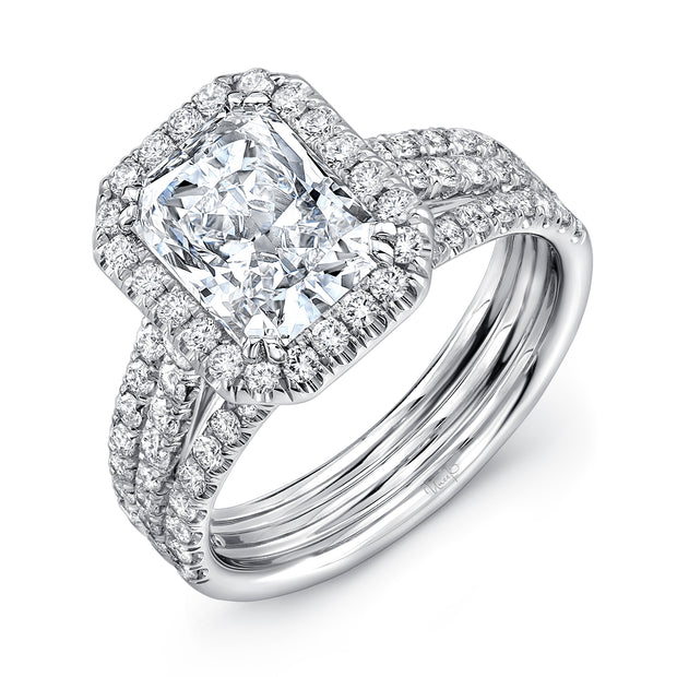 Uneek Radiant Diamond Halo Engagement Ring with Pave Triple Shank