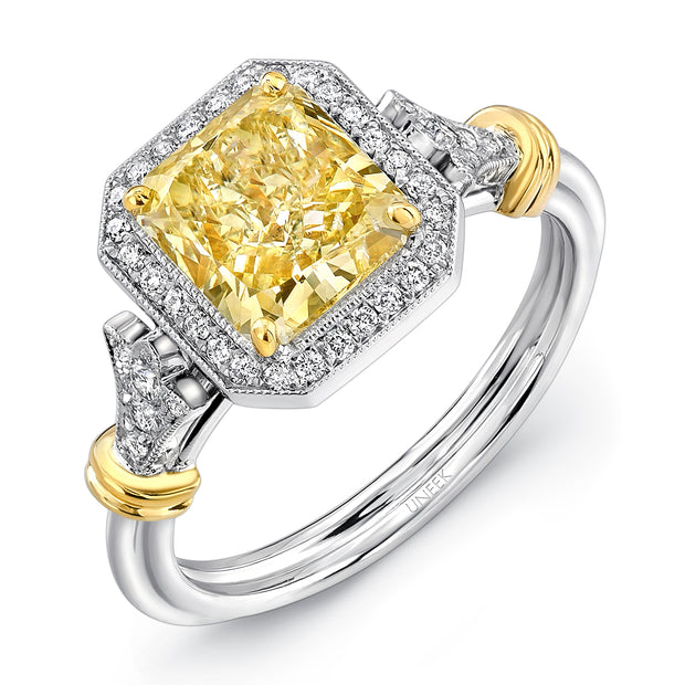 Uneek Radiant-Cut Fancy Yellow Diamond Halo Engagement Ring with Vintage-Inspired Accents