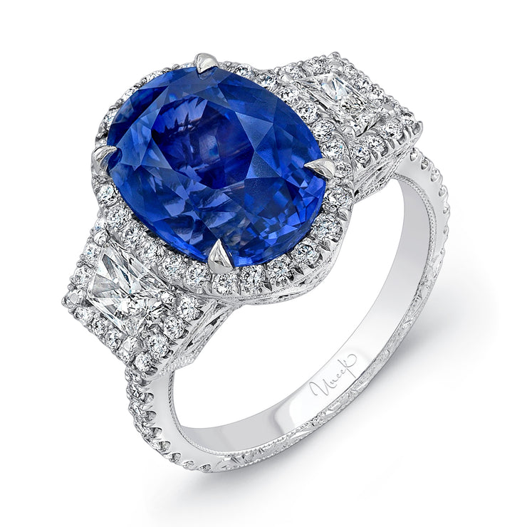 Uneek Three-Stone Ring with Oval Blue Sapphire Center and Trapezoid Diamond Sidestones, with Filigree and Hand Engraving Details