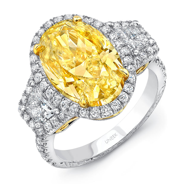 Uneek Oval Fancy Yellow Diamond Three-Stone Engagement Ring with Filigree and Hand Engraving Details
