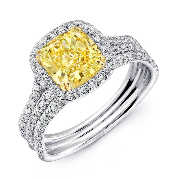 Uneek Cushion-Cut Yellow Diamond Halo Engagement Ring with Pave Triple Shank