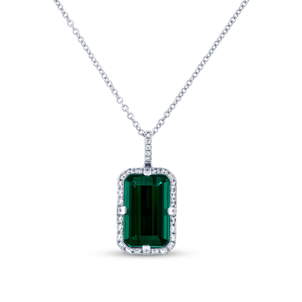 Uneek Precious Collection Halo Emerald Cut Indicolite Tourmaline Drop Pendant