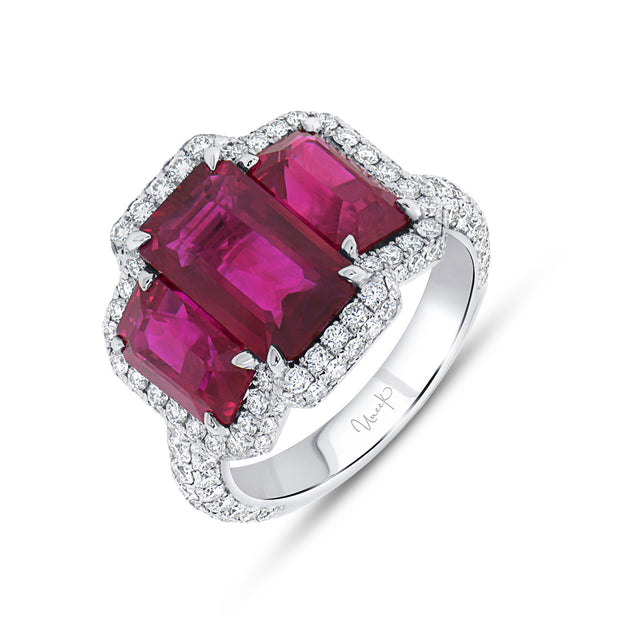 Uneek Precious Collection Halo Emerald Cut Ruby Engagement Ring
