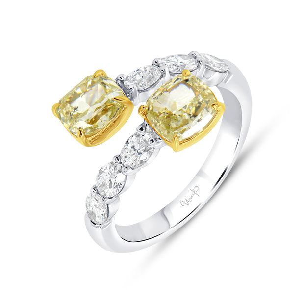 Uneek Natureal Collection Bypass Cushion Cut Fancy Yellow Diamond Anniversary Ring