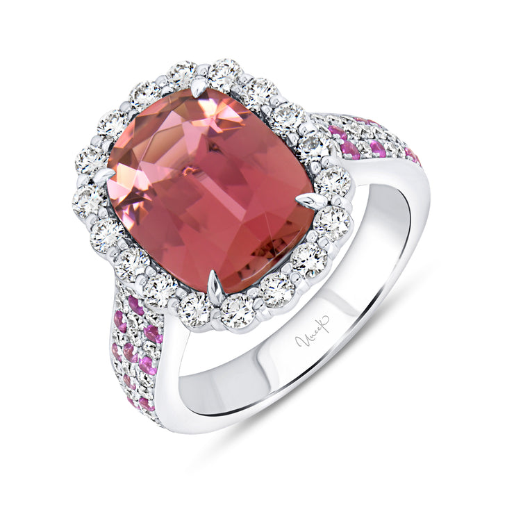 Uneek Precious Collection Halo Cushion Cut Pink Tourmaline Engagement Ring