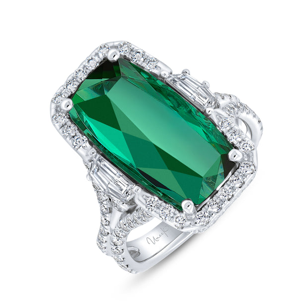 Uneek Precious Collection Halo Elongated Cushion Cut Green Tourmaline Fashion Ring
