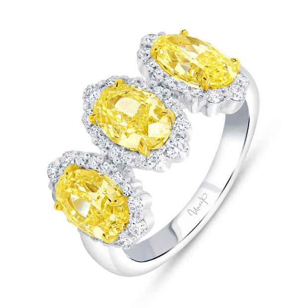 Uneek Natureal Collection 3-Stone-Halo Oval Shaped Fancy Yellow Diamond Anniversary Ring