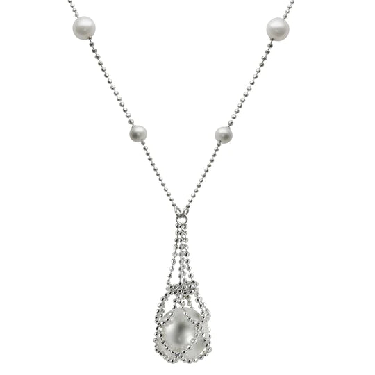 Sterling Silver Lace Freshwater Pearl Station and Pearl Drop Necklace
