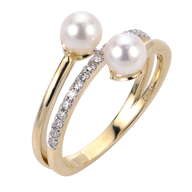14K Yellow Gold Bypass Stack Cultured Pearl and Diamond Ring