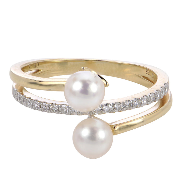 14K Yellow Gold Bypass Stack Cultured Pearl and Diamond Ring