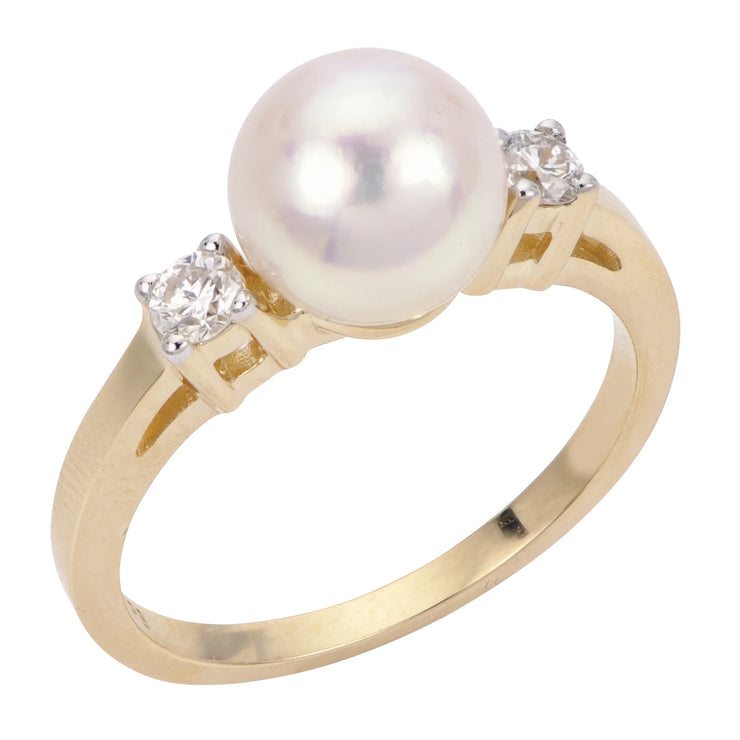 14K Yellow Cultured Pearl and Diamond Ring