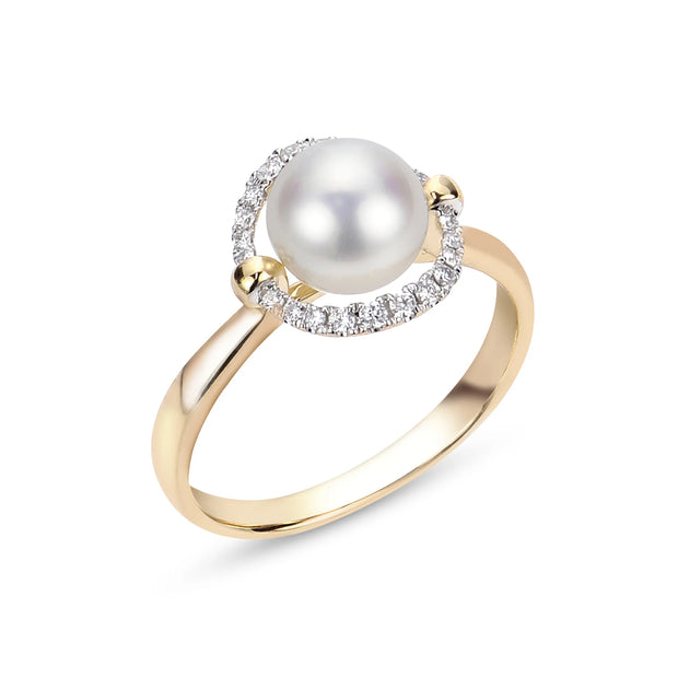 14k Yellow Gold Diamond Halo Pearl Ring