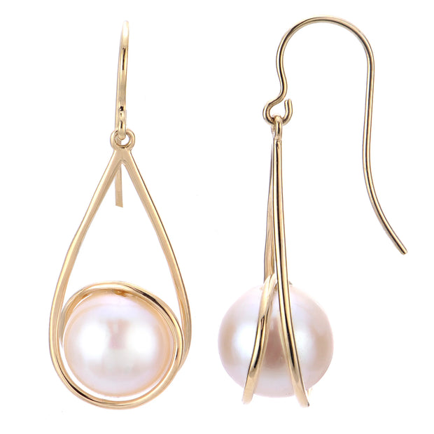 14k Yellow Gold Swirl Drop Earrings with Freshwater Pearls