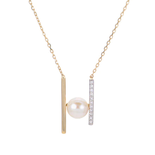 14k Yellow Gold Pearl and Diamond Contemporary Style Pendant on 18" Chain
