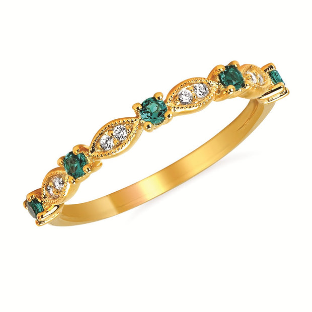 14k Yellow Gold Natural Emerald and Diamond Stackable Ring with Milgrain