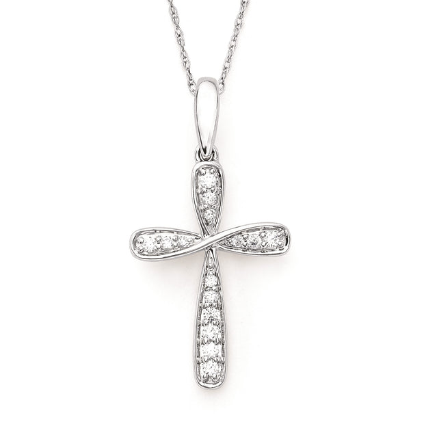 14k White Gold Diamond Twist Cross with 18" Chain